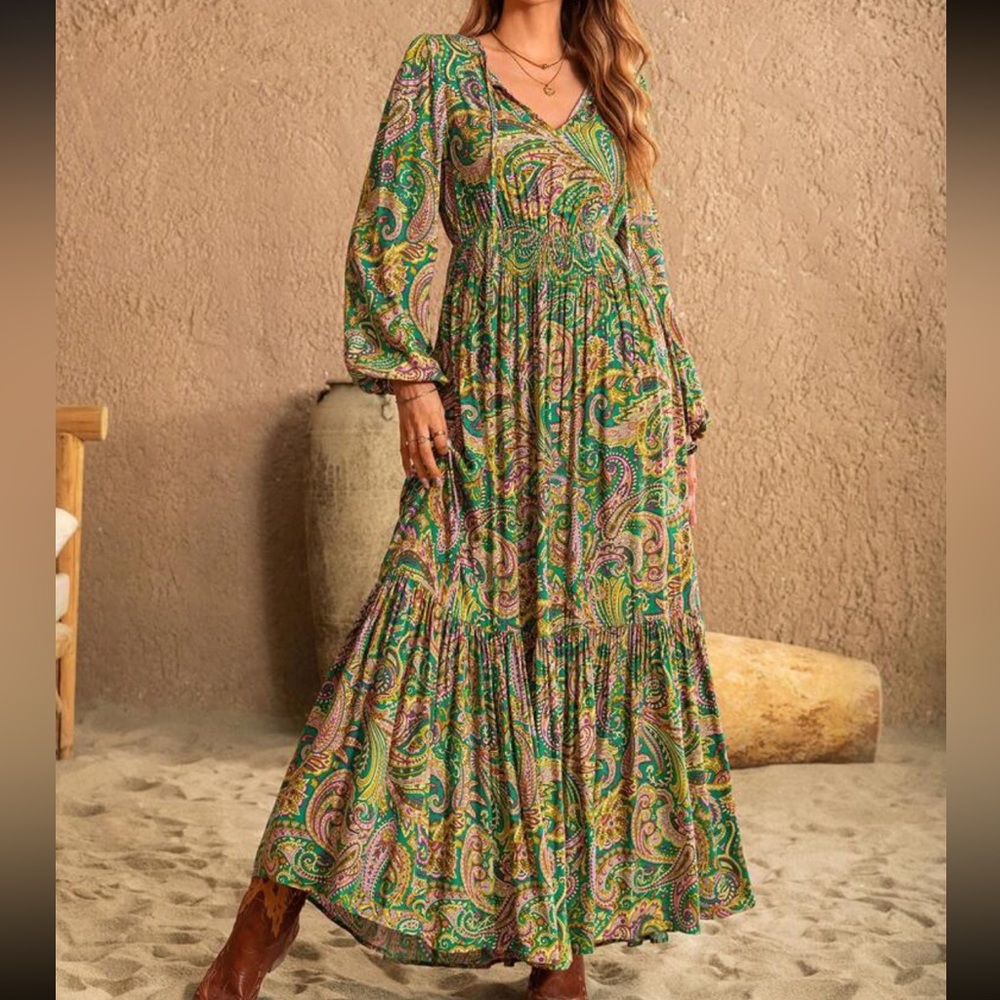 Boho Paisley Print Smocked Waist Tie Neck Lantern Sleeve Ruffle Hem Maxi Dress